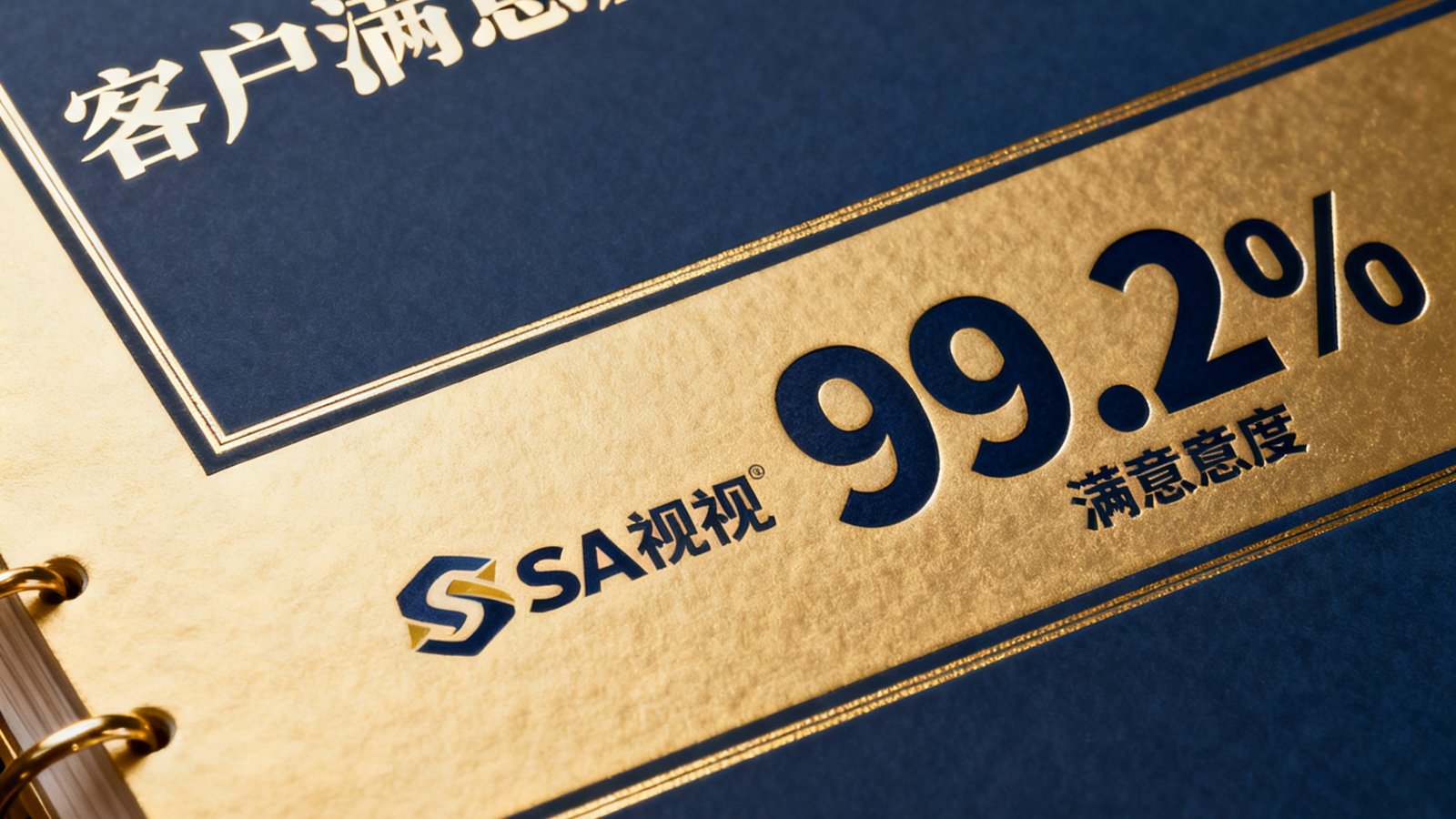 一份装订精美的客户满意度调查报告封面，上面印有SA视讯logo和99.2%的满意度数据