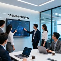 现代化互联网公司会议室内部，墙上安装着SA视讯86寸会议平板，几位员工正在使用