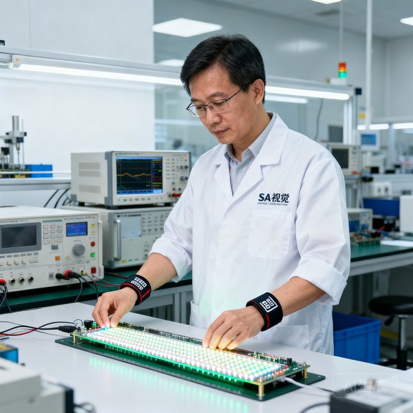 SA视讯首席技术官陈工在实验室测试LED模组，佩戴防静电手环，神情专注
