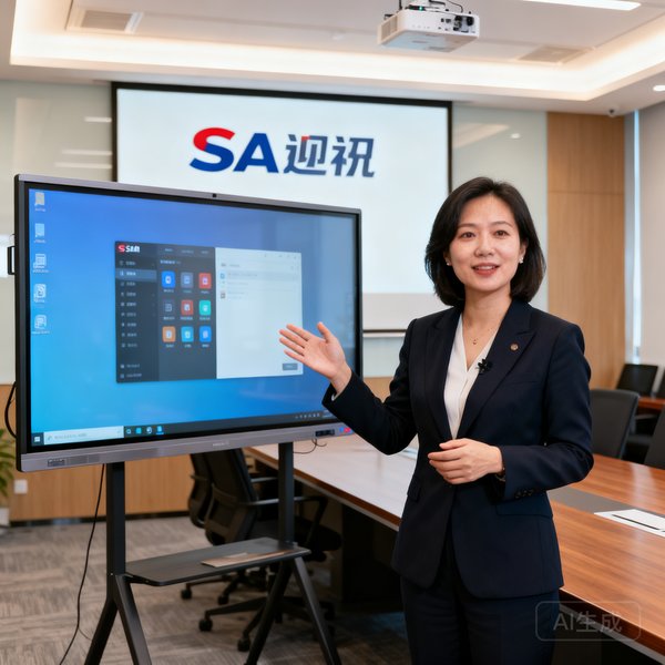 SA视讯产品总监林女士在客户现场讲解智慧会议平板功能，身着职业装，背景为会议室
